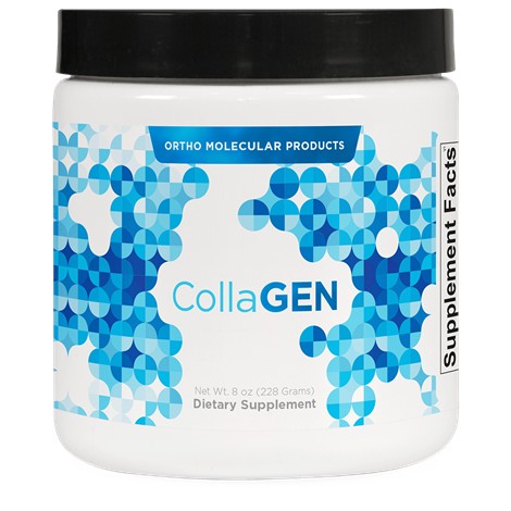 Container of Ortho Molecular Products CollaGEN supplement with blue and white design.